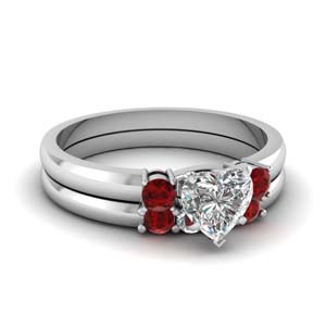 basket prong heart diamond 3 stone wedding set with ruby in FDENS3106HTGRUDR NL WG