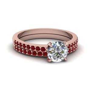 round cut delicate diamond wedding set with ruby in FD1026ROGRUDR NL RG GS