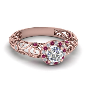 dome filigree halo vintage round diamond engagement ring with pink sapphire in 14K rose gold FD1199RORGSADRPI NL RG