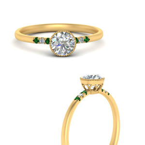 bezel milgrain diamond round cut engagement ring with emerald in yellow gold FD121996RORGEMGRANGLE3 NL YG