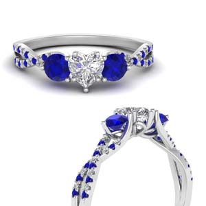 trellis twisted 3 stone heart shaped diamond ring with sapphire in FD10257HTRGSABLANGLE3 NL WG