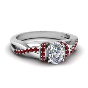 Pave Twisted Oval Shaped diamond Engagement Ring With Ruby In 14K White ...