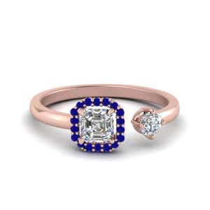 asscher cut halo diamond open engagement ring with sapphire in 14K rose gold FD8850ASRGSABL NL RG GS