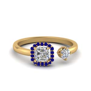 asscher cut halo diamond open engagement ring with sapphire in 14K yellow gold FD8850ASRGSABL NL YG GS