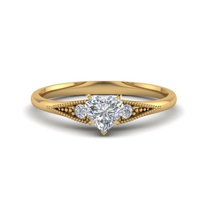 heart shaped small 3 stone diamond milgrain engagement ring in FD8073HTR NL YG