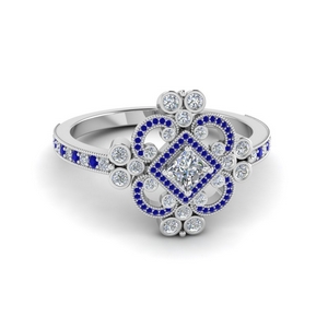 princess cut edwardian vintage look halo diamond engagement ring with sapphire in FD8105PRRGSABL NL WG