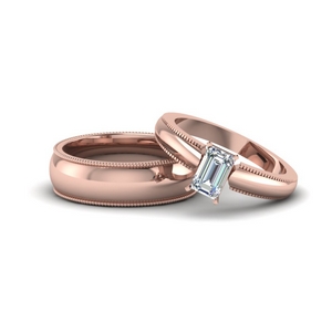 emerald cut matching wedding anniversary ring with band for him and her in 14K rose gold FD8142B NL RG
