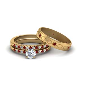 Round Cut diamond Trio Matching Wedding Set For Him And Her With Ruby ...