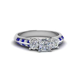 princess cut 3 stone channel accent diamond engagement ring with sapphire in FD8313PRRGSABL NL WG