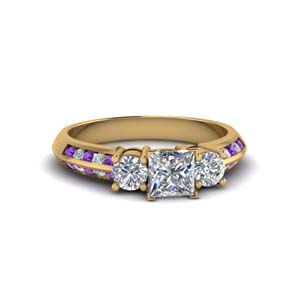 princess cut 3 stone channel accent diamond engagement ring with purple topaz in FD8313PRRGVITO NL YG
