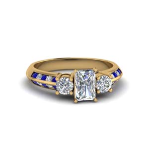 radiant cut 3 stone channel accent diamond engagement ring with sapphire in FD8313RARGSABL NL YG