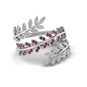 Pink Sapphire & Diamond Leaf Spiral Ring