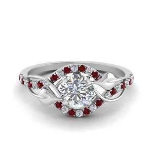 round cut diamond nature inspired twisted halo engagement ring with ruby in FD8410RORGRUDR NL WG