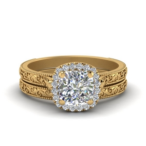 hand engraved cushion cut halo diamond wedding ring set in FD8588CU NL YG