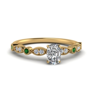 marquise and dot milgrain cushion engagement ring with emerald in FD8641CURGEMGR NL YG