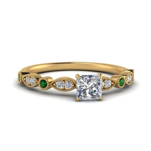 marquise and dot milgrain princess cut engagement ring with emerald in FD8641PRRGEMGR NL YG
