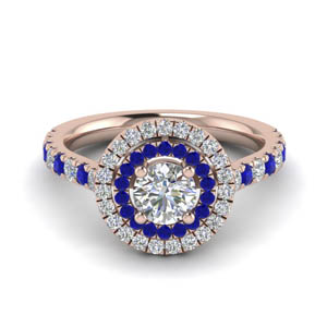 Round Diamond Blue Sapphire Double Halo Ring
