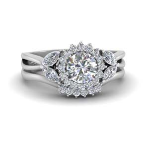 Floral Halo Engagement Ring Set