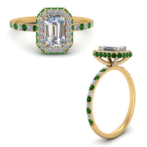 emerald cut rollover halo diamond ring with emerald in yellow gold FD9376EMRGEMGRANGLE3 NL YG