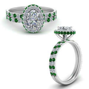 Rollover Oval Halo Diamond Ring Set With Emerald