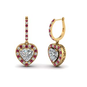 heart halo drop dangle earring with pink sapphire in FDEAR1107GSADRPI NL YG