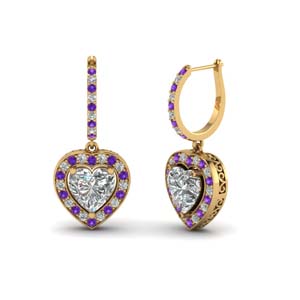 heart halo drop dangle earring with violet topaz in FDEAR1107GVITO NL YG