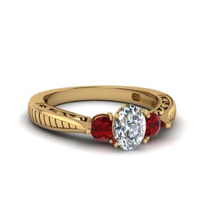 oval shaped vintage style three stone engagement ring with ruby in 14K yellow gold FDENR1814OVRGRUDR NL YG