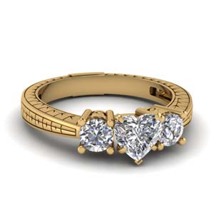 heart shaped vintage engraved 3 stone diamond engagement ring in FDENR813HTR NL YG