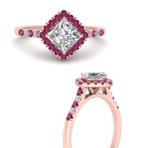 Halo Pink Sapphire Princess Cut Engagement Ring