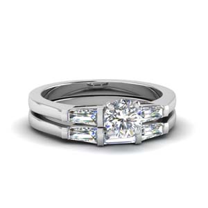 Baguette With Round Cut 3 Stone Wedding Set