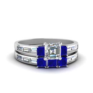 asscher cut channel baguette 3 stone diamond wedding set with sapphire in 14K white gold FDENS1021ASGSABL NL WG