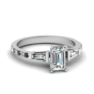 3 stone baguette emerald cut engagement ring with black diamond in FDENS1099EMRGBLACK NL WG