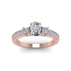 Cushion Cut Channel Set 3 Diamond Accent Engagement Ring In 14K Rose ...