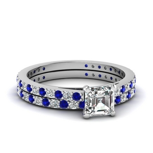 classic delicate asscher cut diamond wedding set with sapphire in FDENS1425ASGSABL NL WG