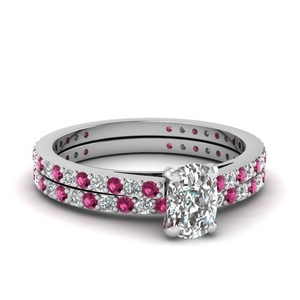 classic delicate cushion cut diamond wedding set with pink sapphire in FDENS1425CUGSADRPI NL WG