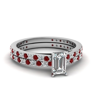 classic delicate emerald cut diamond wedding set with ruby in FDENS1425EMGRUDR NL WG