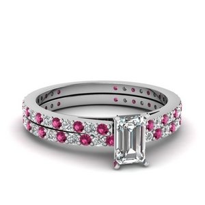 classic delicate emerald cut diamond wedding set with pink sapphire in FDENS1425EMGSADRPI NL WG