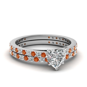 classic delicate heart shaped diamond wedding set with orange sapphire in FDENS1425HTGSAOR NL WG