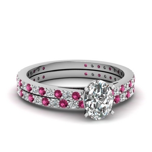 classic delicate oval shaped diamond wedding set with pink sapphire in FDENS1425OVGSADRPI NL WG