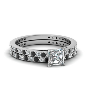 classic delicate princess cut wedding set with black diamond in FDENS1425PRGBLACK NL WG