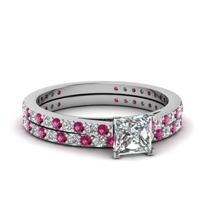 classic delicate princess cut diamond wedding set with pink sapphire in FDENS1425PRGSADRPI NL WG