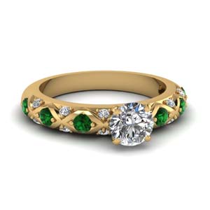 cross design round cut pave diamond engagement ring with emerald in FDENS1482RORGEMGR NL YG