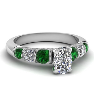 milgrain prong bar set cushion diamond engagement ring with emerald in FDENS1783CURGEMGR NL WG