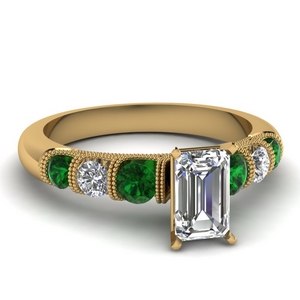 milgrain prong bar set emerald cut diamond engagement ring with emerald in FDENS1783EMRGEMGR NL YG