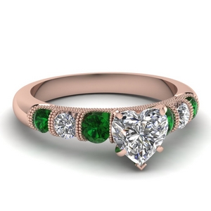 milgrain prong bar set heart diamond engagement ring with emerald in FDENS1783HTRGEMGR NL RG