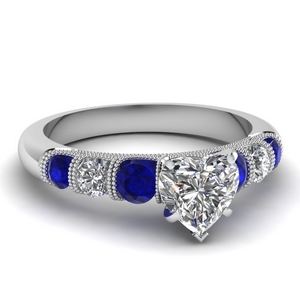 milgrain prong bar set heart diamond engagement ring with sapphire in FDENS1783HTRGSABL NL WG