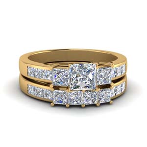 princess cut channel three stone diamond wedding set in 18K yellow gold FDENS205PR NL YG