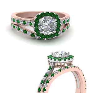 2 Tone Halo Emerald Ring Set
