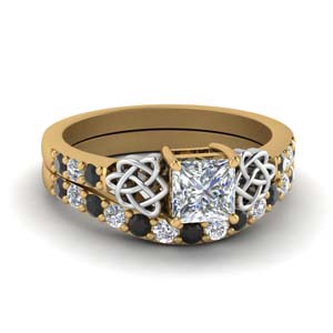 celtic princess cut wedding ring set with black diamond in FDENS2255B1PRGBLACK NL YG.jpg