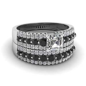 triple row asscher wedding ring set with black diamond in 14K white gold FDENS3014ASGBLACK NL WG